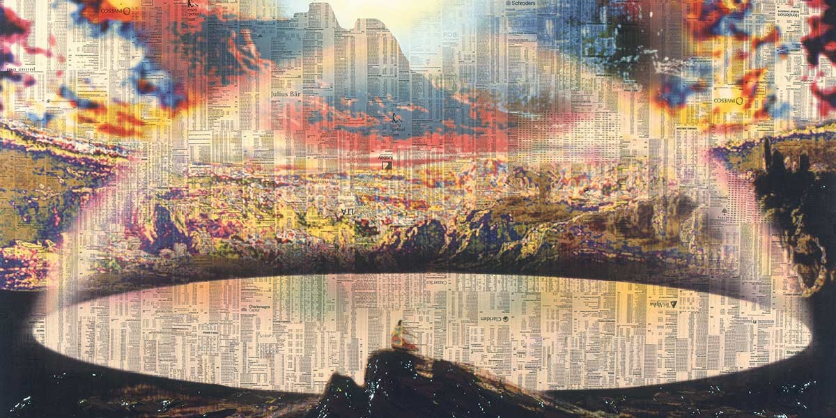 Open circular structure with colorful sky and cityscape inside, overlaid with newspaper text.