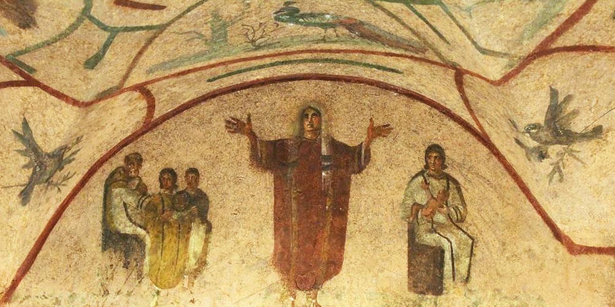 Ancient wall painting depicting a central robed figure with arms raised, flanked by seated people and birds.
