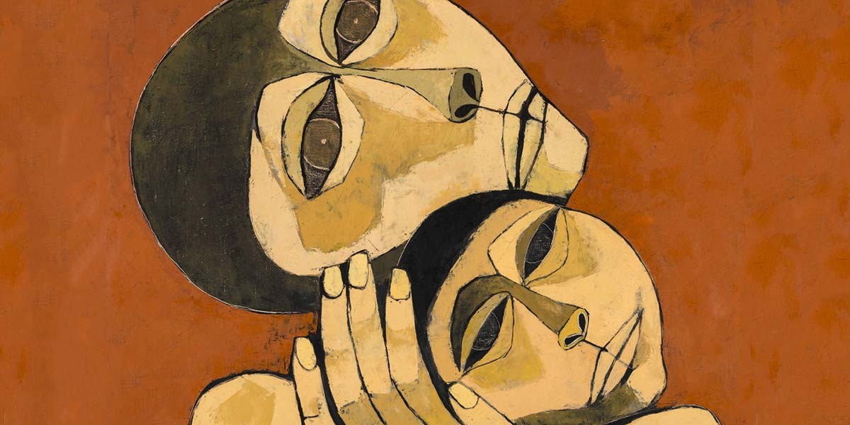 Cubist-style painting of two abstract faces with large eyes against a reddish-brown background.