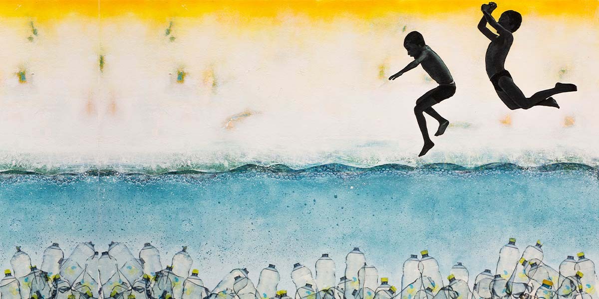 Silhouettes of two boys jumping into water above a pile of plastic bottles under a yellow-orange sky.