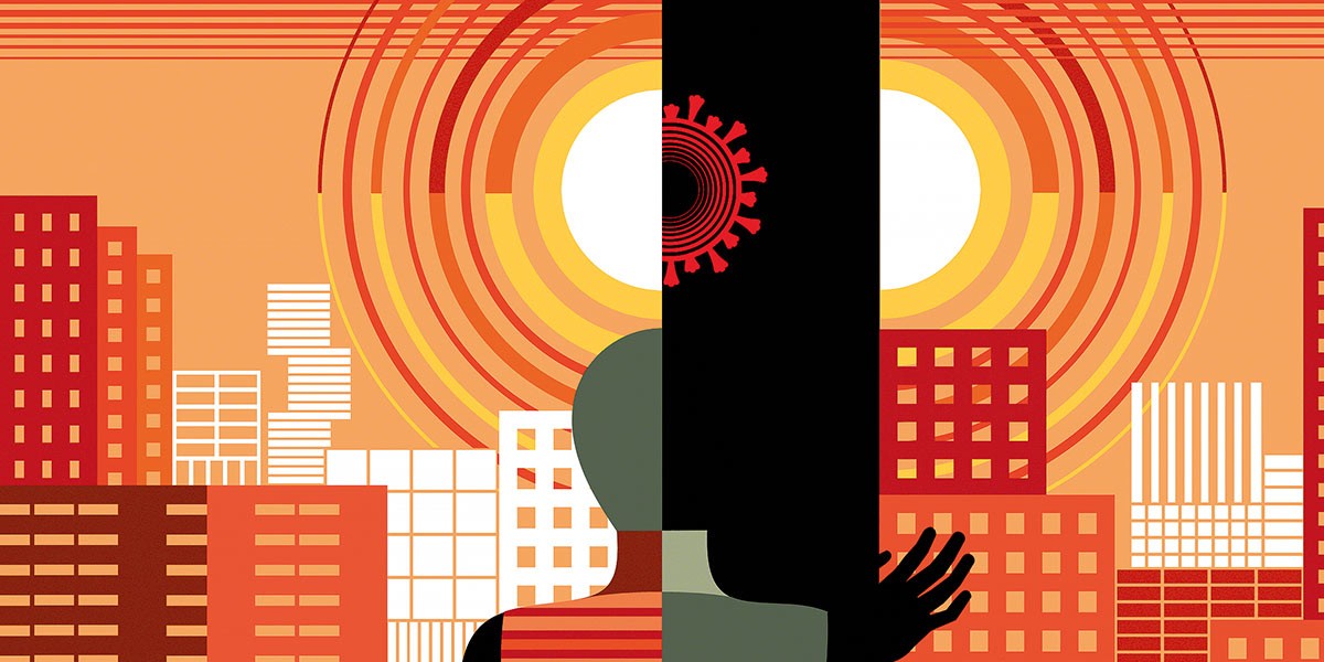 Abstract city skyline at sunset with a figure facing a tall black barrier showing a red virus symbol.