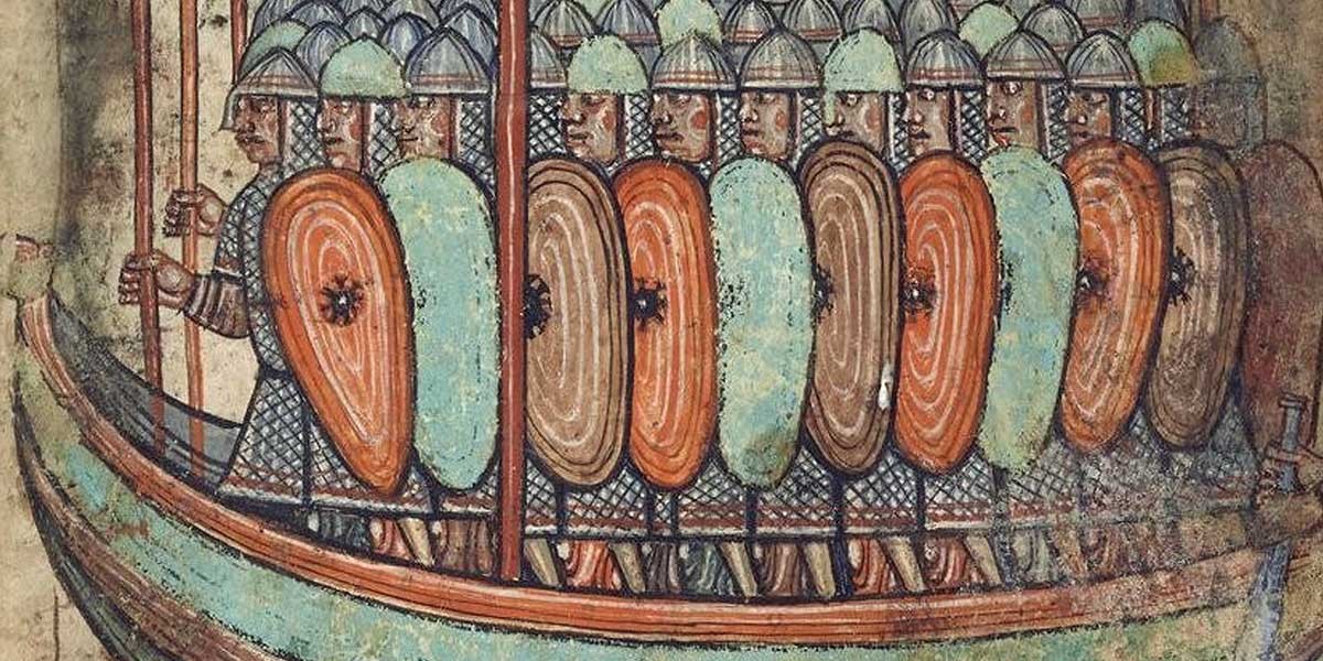 Medieval painting of soldiers with helmets and shields standing tightly in a boat.