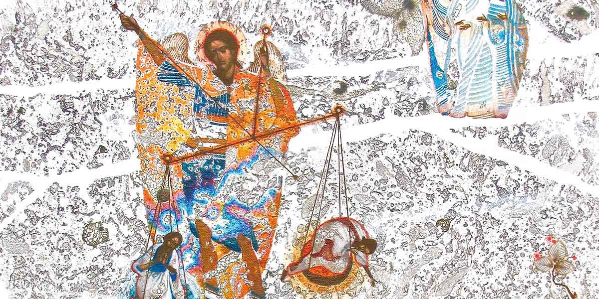 Illustration of a figure in colorful robes holding scales with small people balanced on each side.