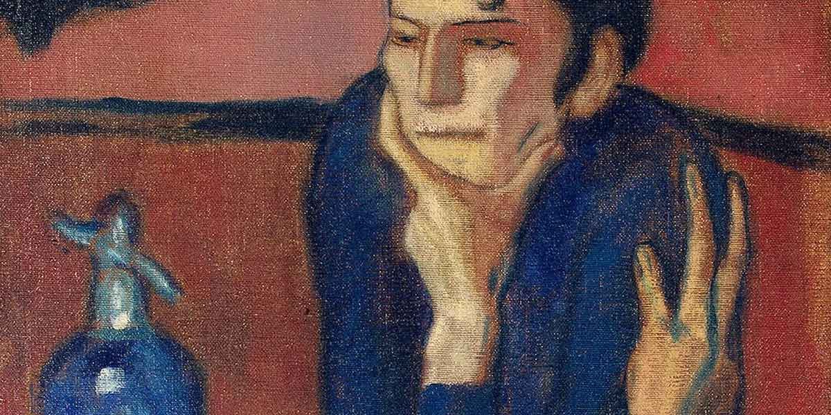 Painting of a person in blue resting their face on one hand and raising the other hand against a red background.