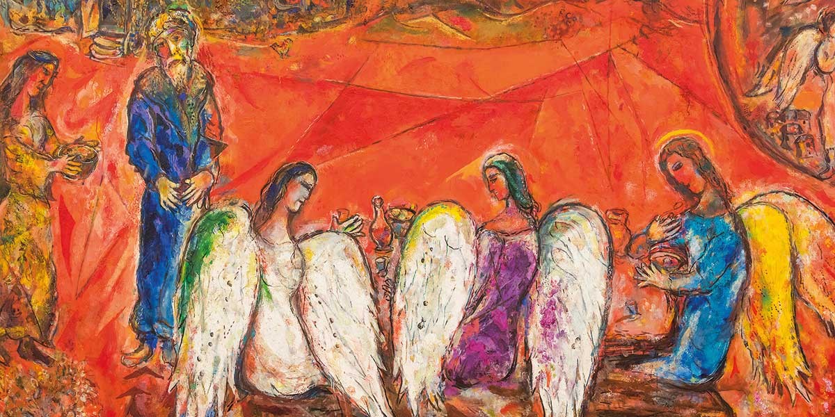 Colorful painting of three angels with wings and two standing figures on a red background.