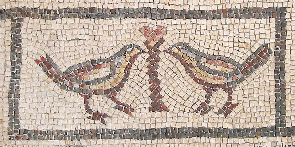 Ancient mosaic depicting two birds facing each other with a stylized tree between them.