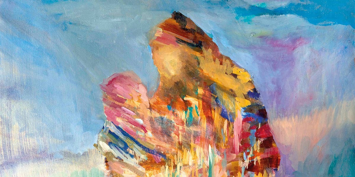 Abstract painting of a colorful rock formation with blue and purple sky background.