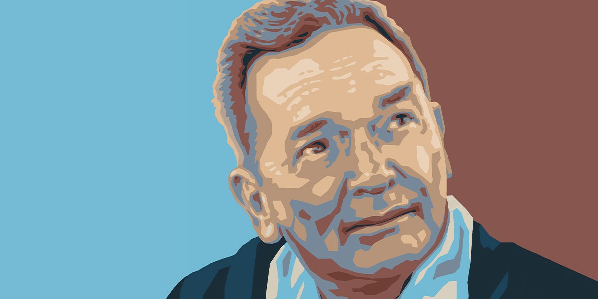 Illustrated portrait of a middle-aged man with short hair looking upward on a blue and brown background.