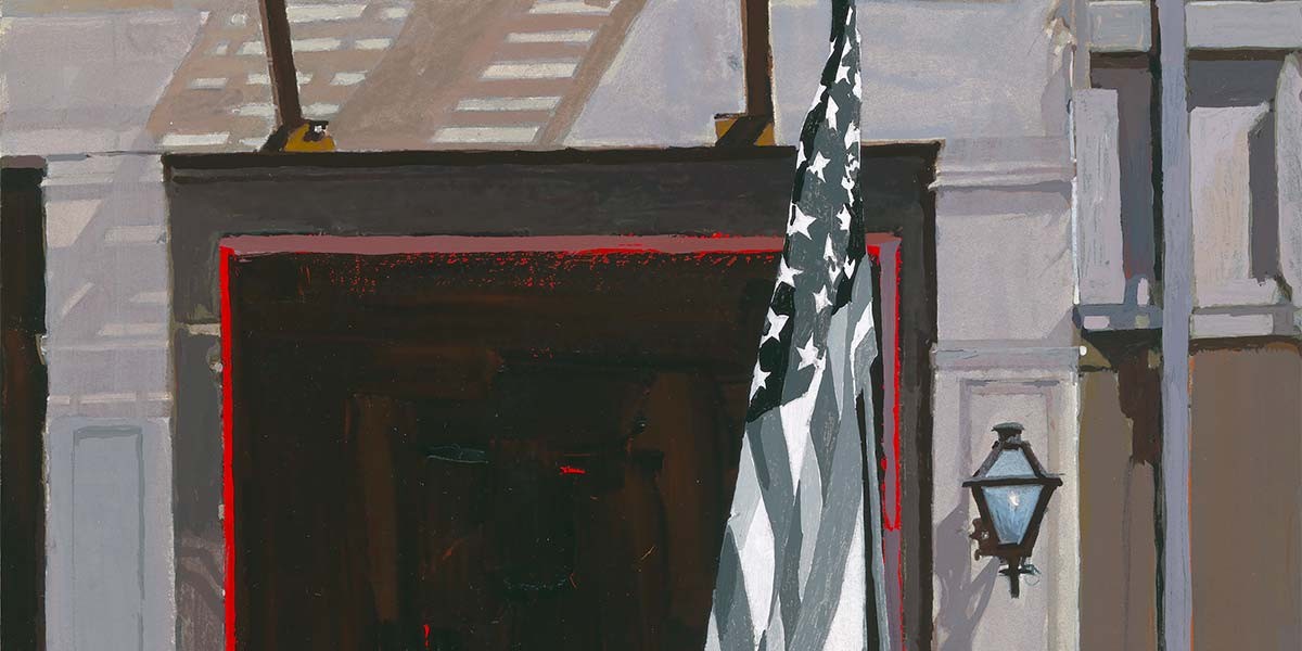 Painting of a gray building entrance with an American flag and a black lantern on the wall.