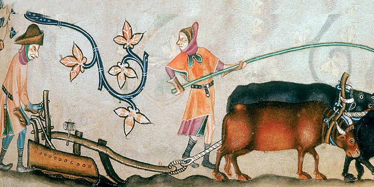 Medieval painting of two farmers with oxen plowing a field, decorated with stylized vine leaves.