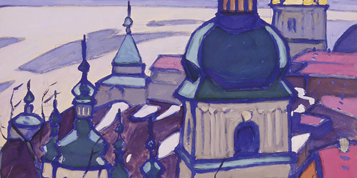 Painting of a cityscape focusing on rooftops and domes with blue and purple hues.
