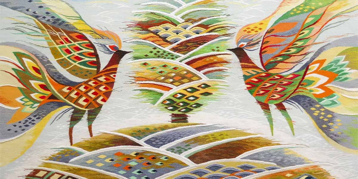 Colorful abstract painting of two stylized birds facing each other with patterned wings and feathers.