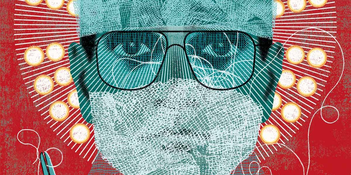 Illustration of a surgeon wearing glasses, a surgical cap, and mask with surgical tools and bright lights in the background.