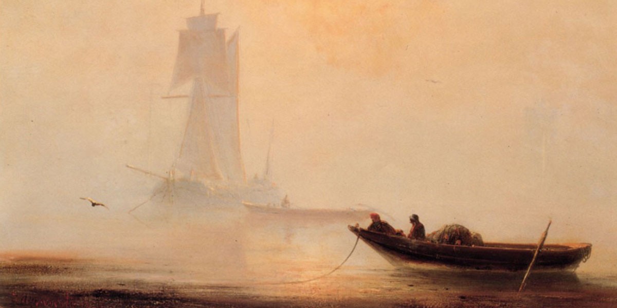 Two people on a small boat near a large sailing ship in misty, calm water with a bird flying nearby.