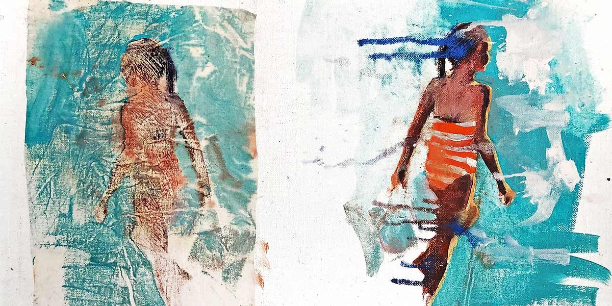 Abstract artwork of two figures walking against a textured blue and white background.
