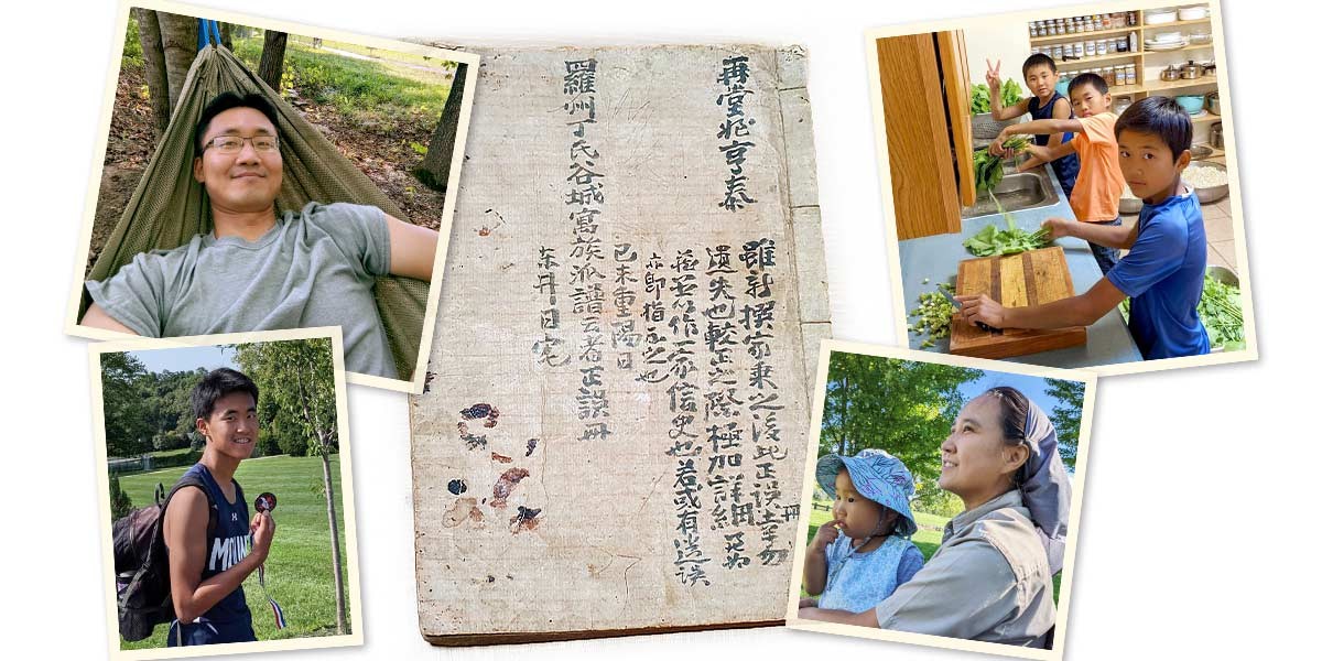 Collage: four photos showing people outdoors, kids preparing vegetables, and a scroll with East Asian script.