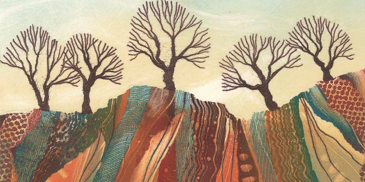 Artistic landscape of leafless trees on multicolored textured hills under a pale sky.