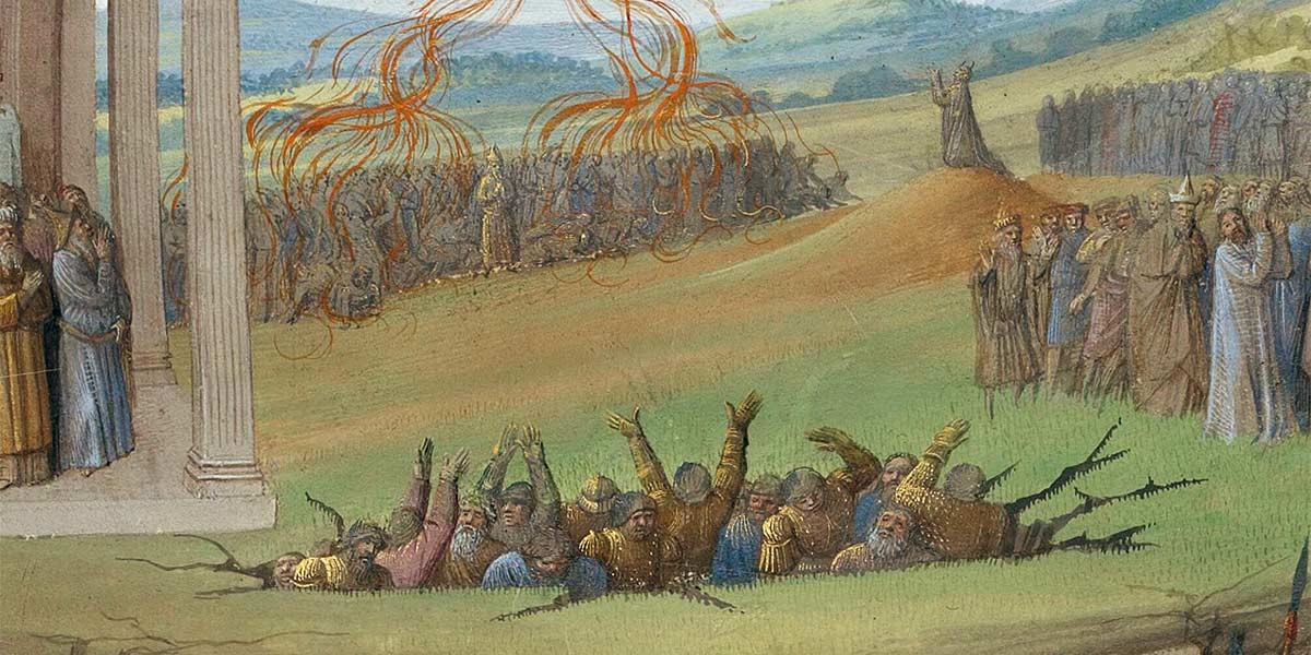 Medieval painting of men sinking into the ground with arms raised and another group witnessing under a columned roof.