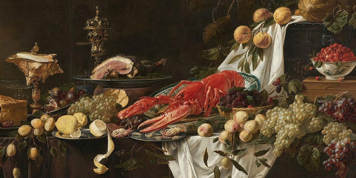 Still life painting of lobster, ham, grapes, peaches, berries, and lemons on a table with draped white cloth.