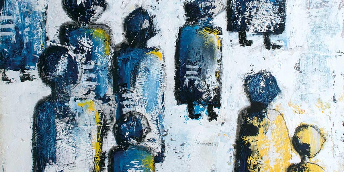 Abstract painting with shadowed human figures in blue, yellow, and black on a textured white background.