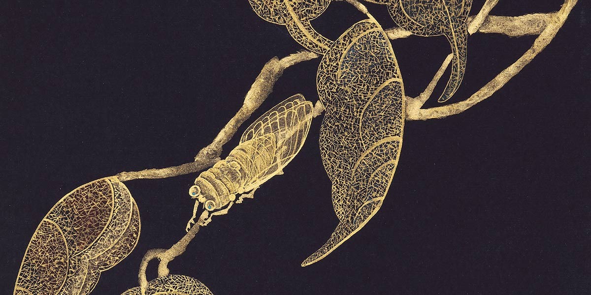 Artistic gold line drawing of an insect with large eyes on delicate, ornate leaves and branches.