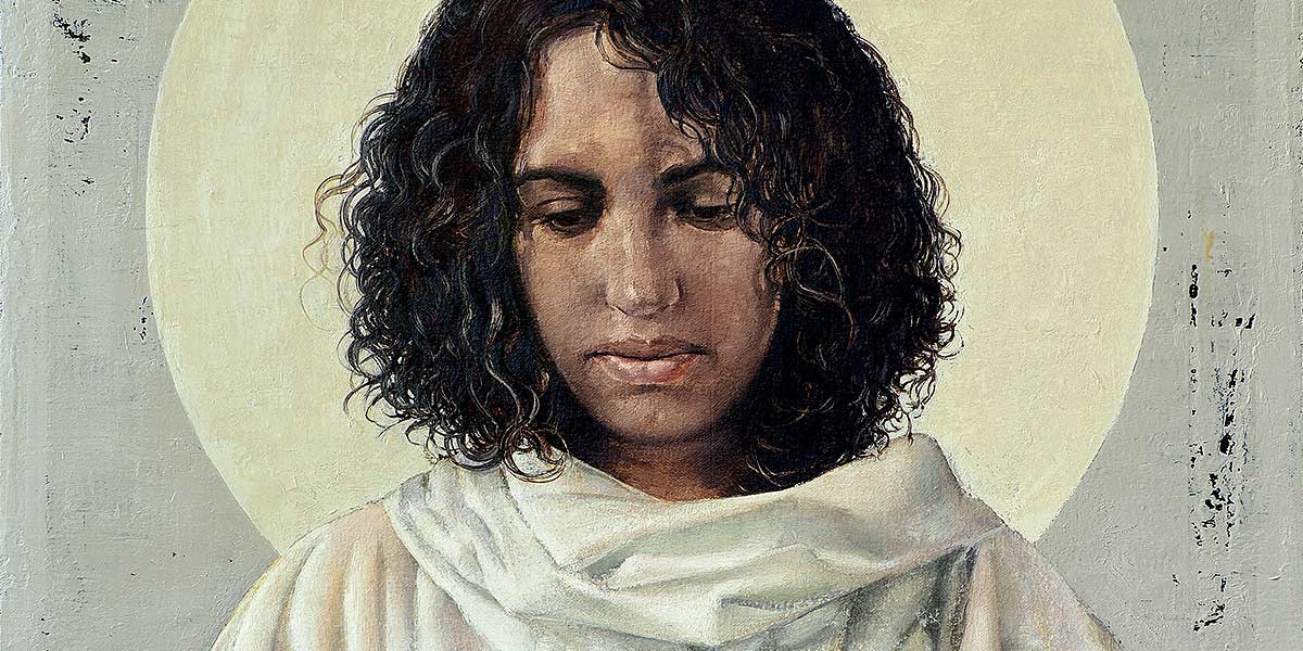Close-up painting of a person with curly hair and downcast eyes wearing a white garment and halo behind their head.