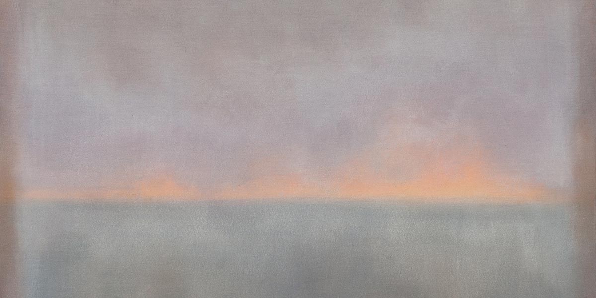 Abstract painting with muted gray and lavender tones, a horizontal peach band near the center.