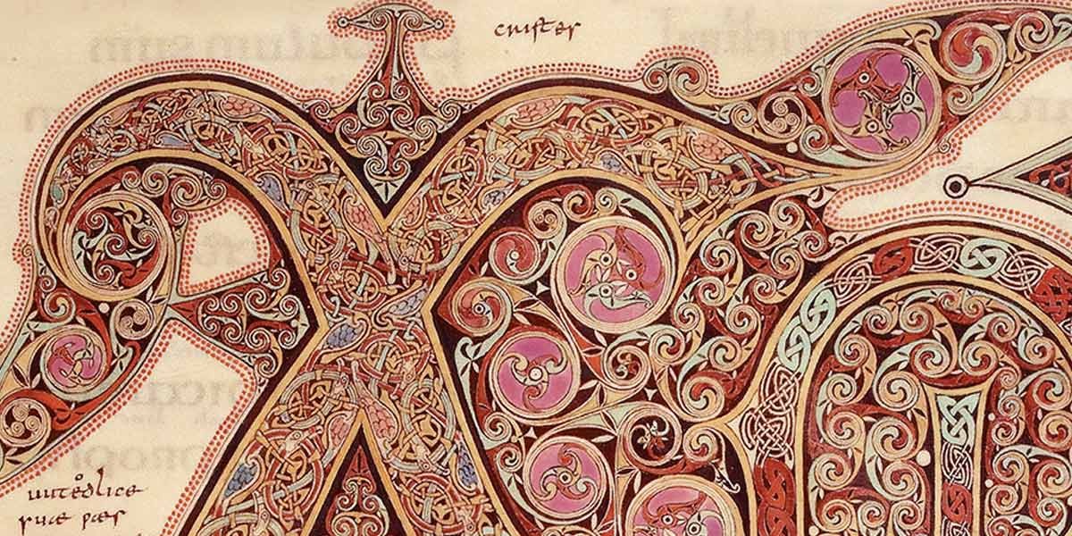 Intricate medieval illuminated manuscript with ornate Celtic knotwork and animal motifs in red and purple.