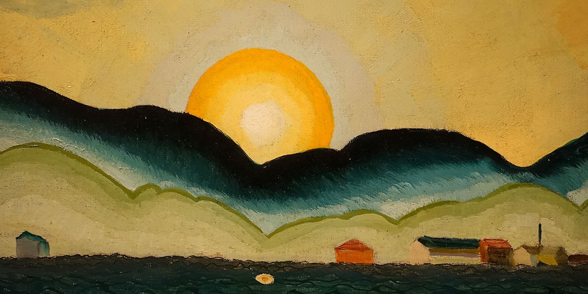 Painting of a large yellow sun setting behind teal and green hills over a dark blue body of water.