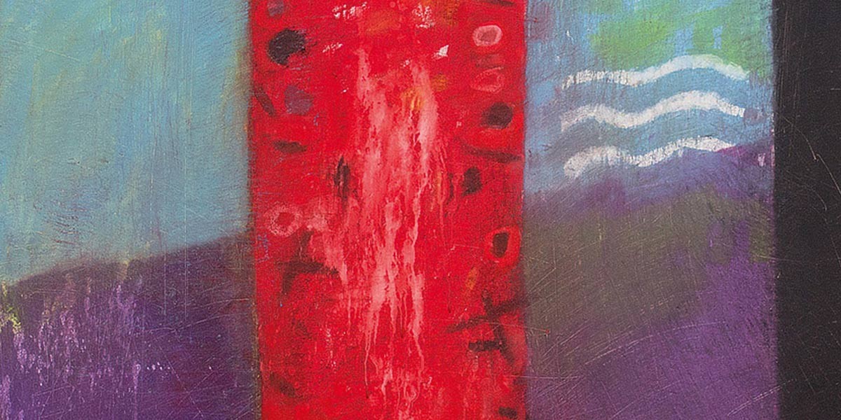 Abstract painting with vertical red, purple, blue, and black sections and white wavy lines in the upper right.