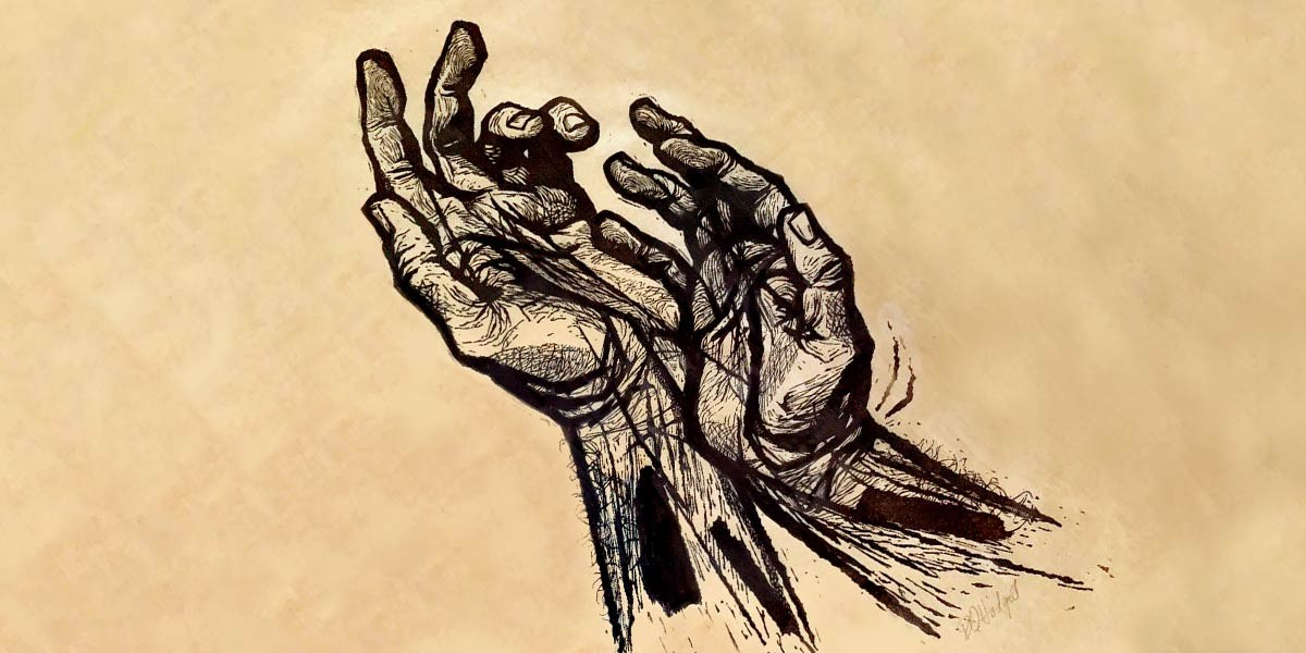 Black ink drawing of two detailed hands reaching upward on beige paper background.