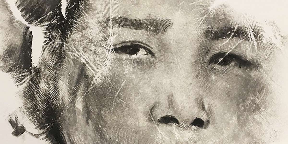 Close-up black-and-white sketch of a person's eyes, nose, and part of hair with textured shading.