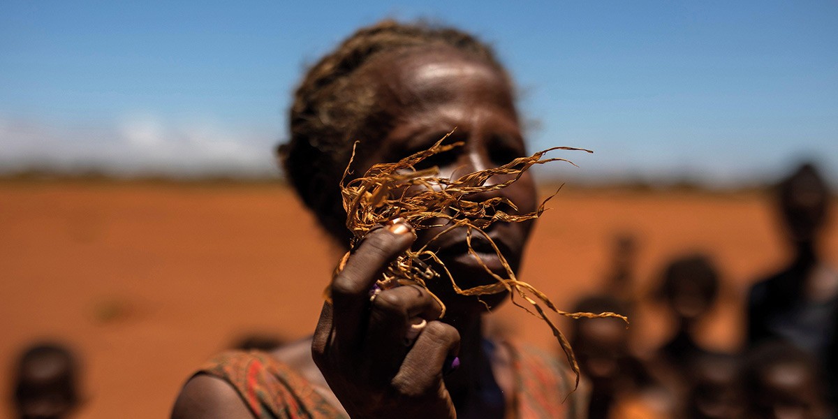 Woman holding dry, root-like plant material with blurred group of people and landscape behind her.