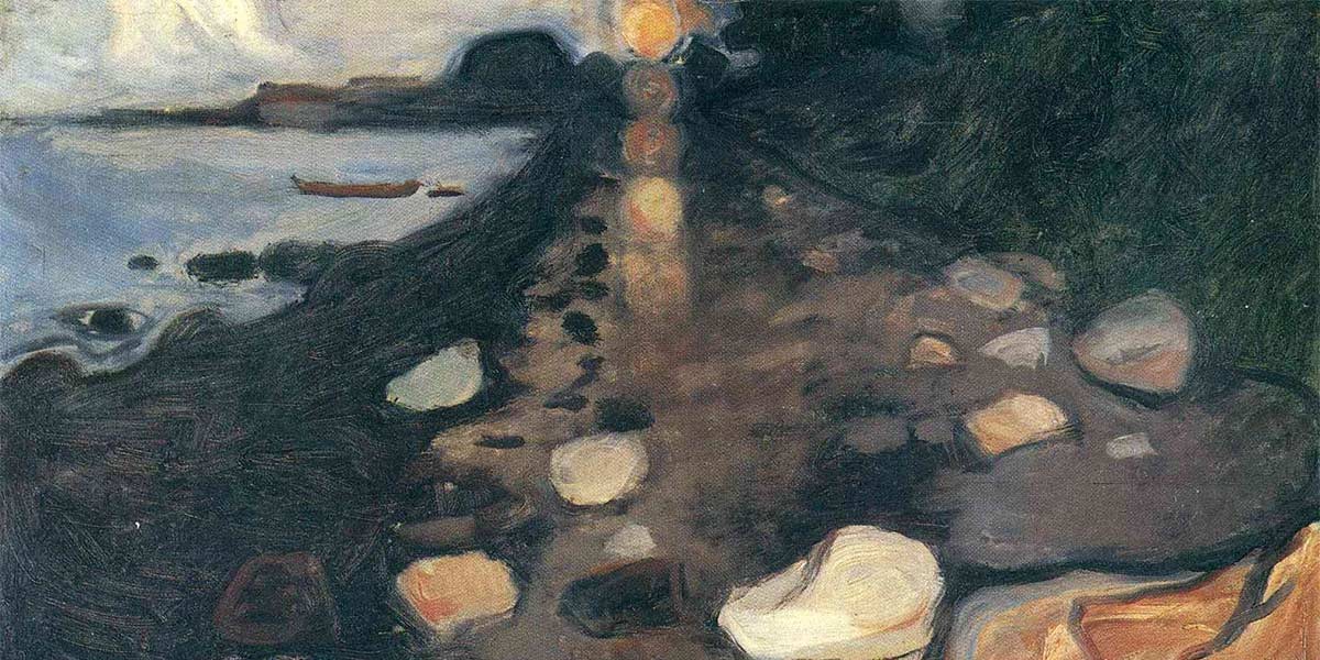 Painting of a rocky shoreline at sunset with water reflecting light and a small boat in the distance.