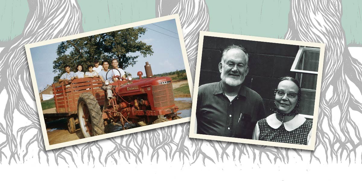 Two vintage photos: one of six people riding a red tractor with trailer, another of an elderly man and woman posing.