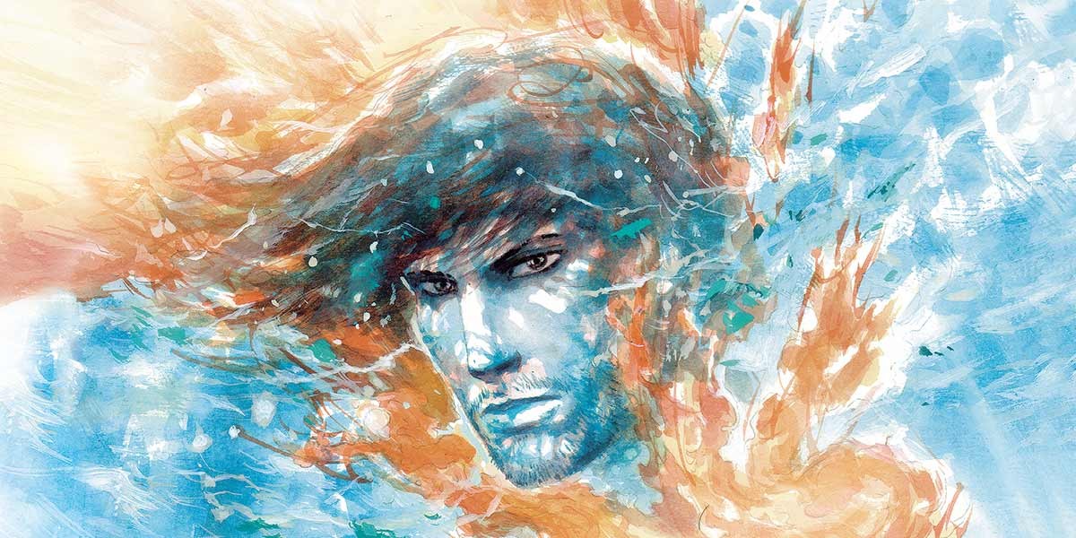 Artistic painting of a man's face surrounded by blue and orange abstract swirls and shapes.