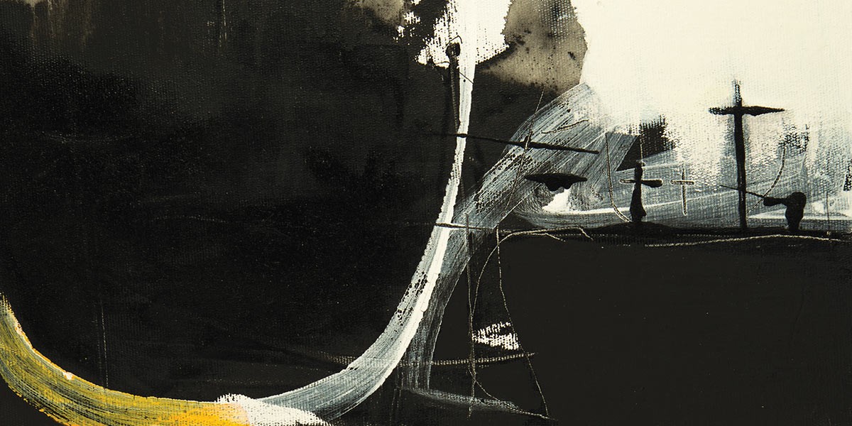 Abstract painting with black, white, grey, and yellow curved brushstrokes and lines on textured canvas.