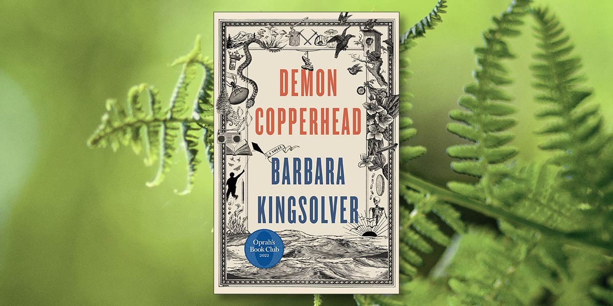 Book cover of 'Demon Copperhead' by Barbara Kingsolver with detailed border drawings on a fern background.