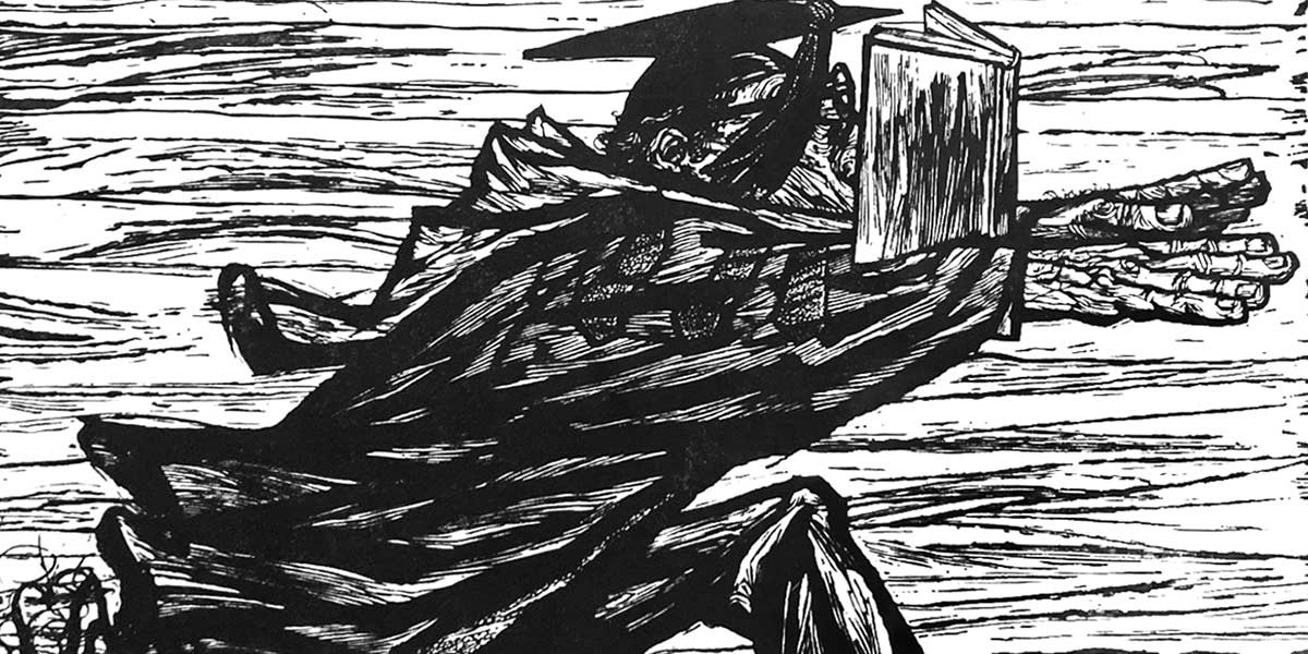 Black and white woodcut-style image of a scholar running with a graduation cap and open book in front of face.