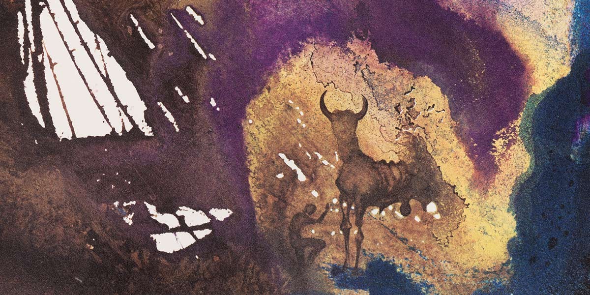 Abstract cave painting style art showing a person kneeling beside a bull with purple and yellow colors.