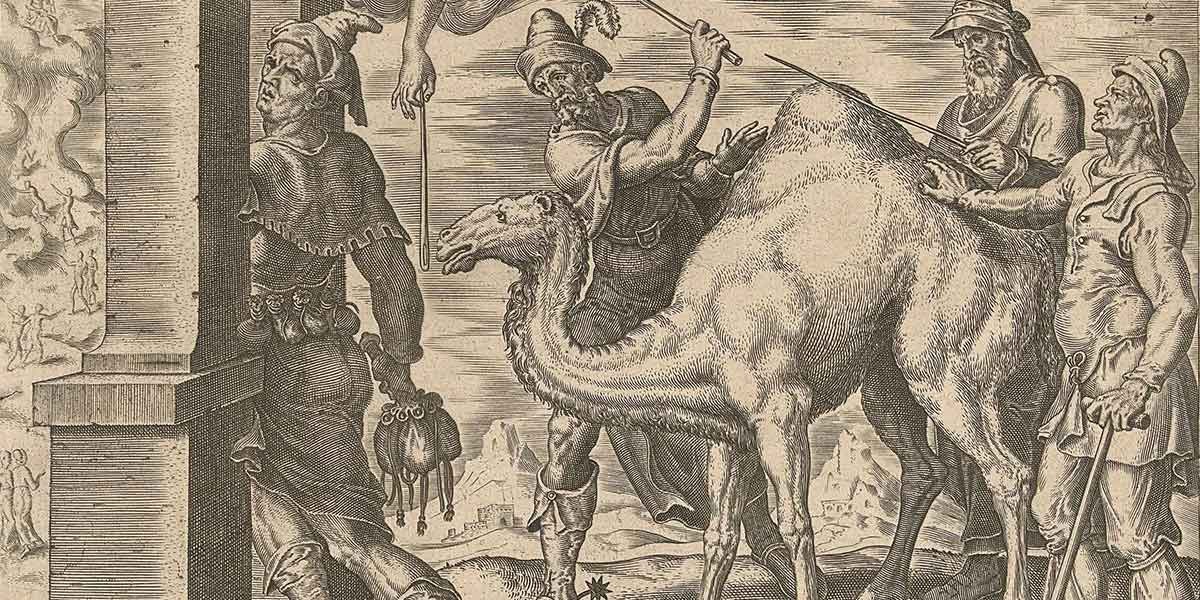 Vintage engraving showing men with a camel, one wielding a whip, in a desert landscape with buildings.