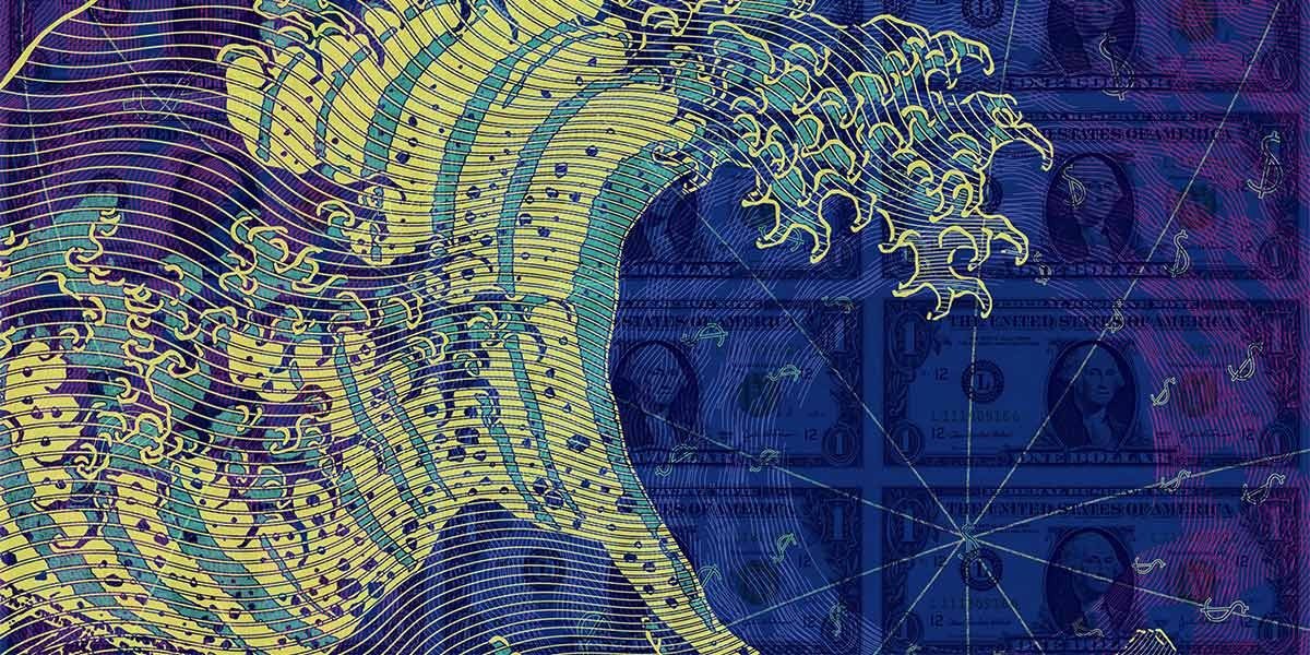 Artistic ocean wave overlaid on multiple US one-dollar bills with a blue and yellow color scheme.