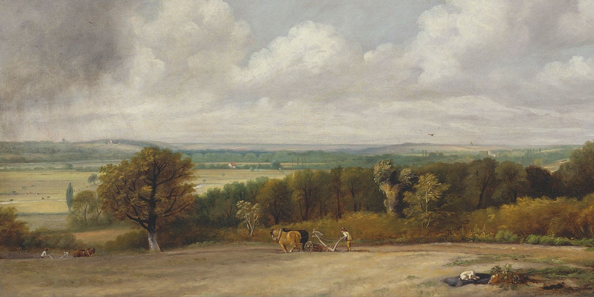 Pastoral scene with a farmer plowing a field with oxen and a vast landscape under cloudy skies.