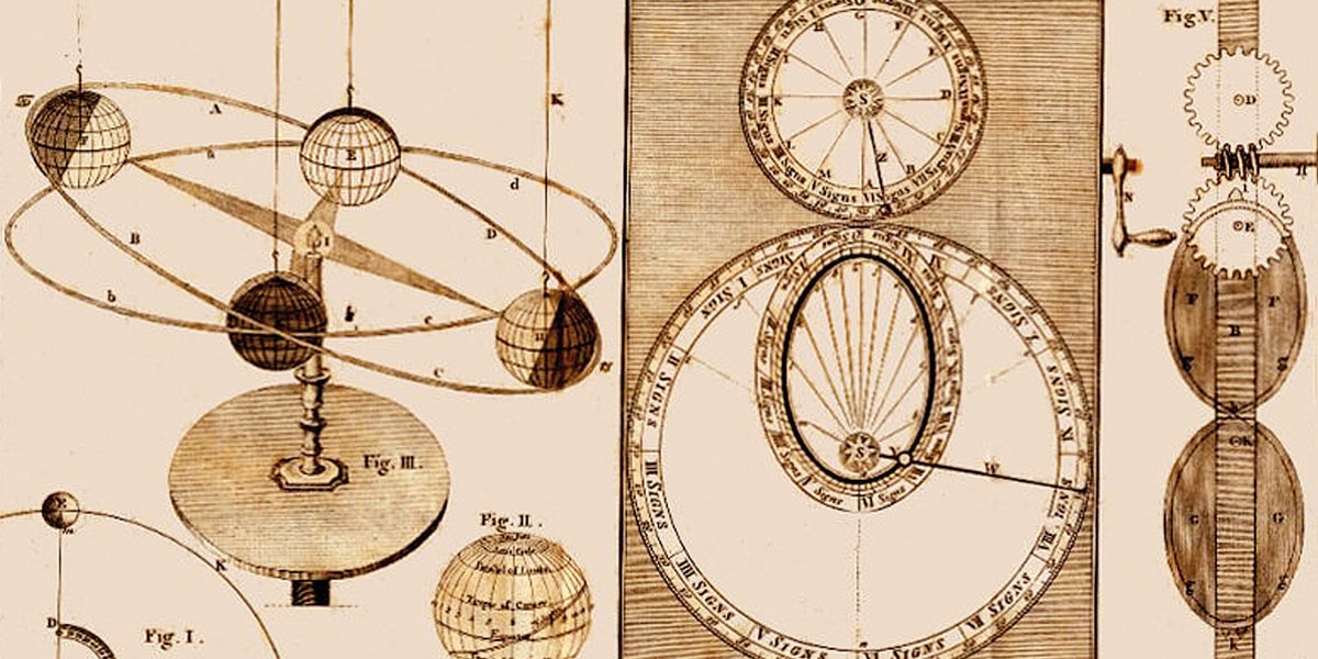 Vintage scientific diagrams of orbits, gears, and circular instruments with alphanumeric labels on sepia paper.