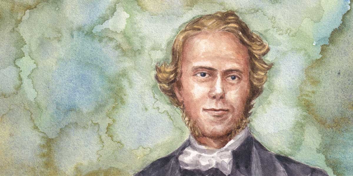 Watercolor portrait of a man with wavy hair, sideburns, and a bow tie against a green-blue background.