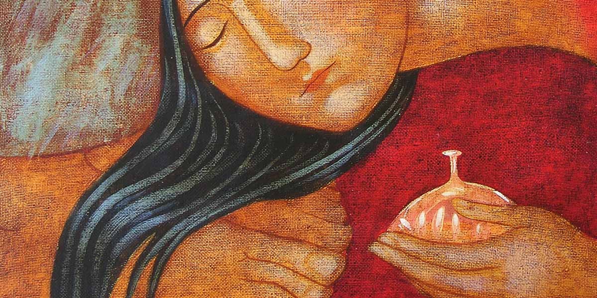 Painting of a woman with closed eyes holding a round glass object, with long dark hair and warm tones.