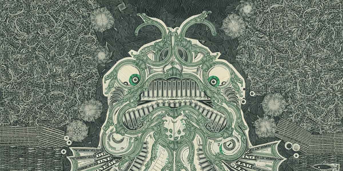 Artistic frog composed of U.S. dollar bill elements with a textured background.