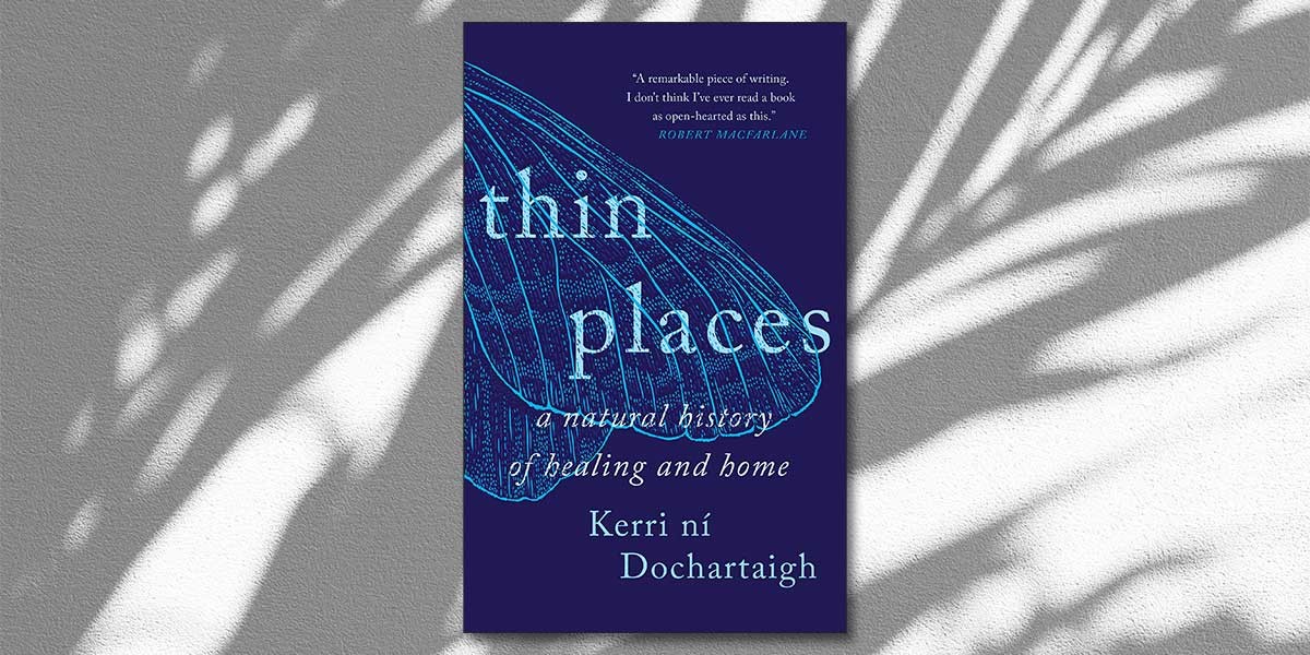 Book cover of Thin Places by Kerri ní Dochartaigh with a blue insect wing on dark background.