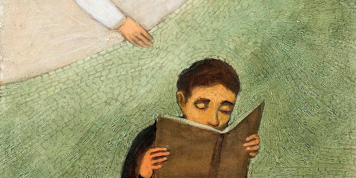A man with closed eyes reads a book as a white-robed hand rests gently above him on a green textured background.