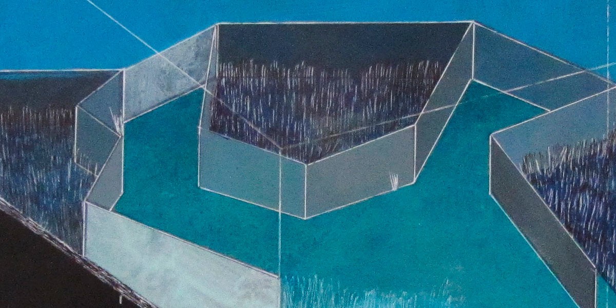 Abstract geometric painting with interconnected polygon shapes in blue and gray tones.
